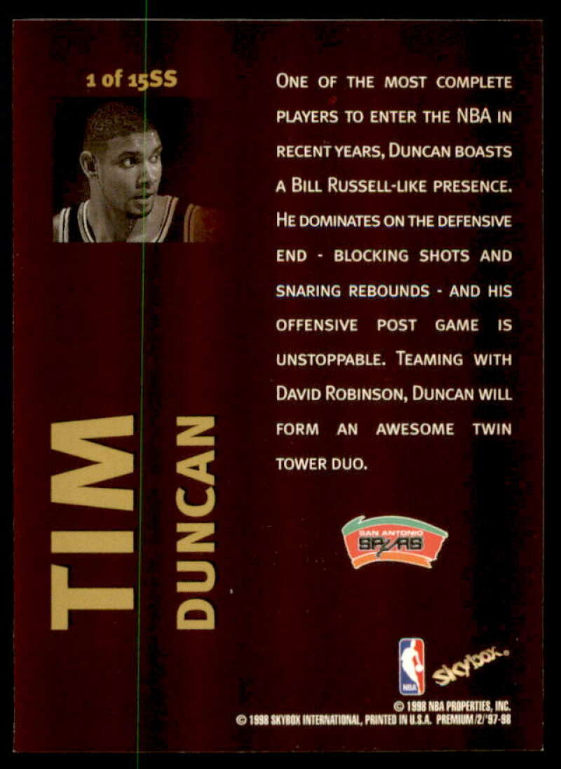 Tim Duncan Rookie Card 1997-98 SkyBox Premium Star Search #SS1  Image 2