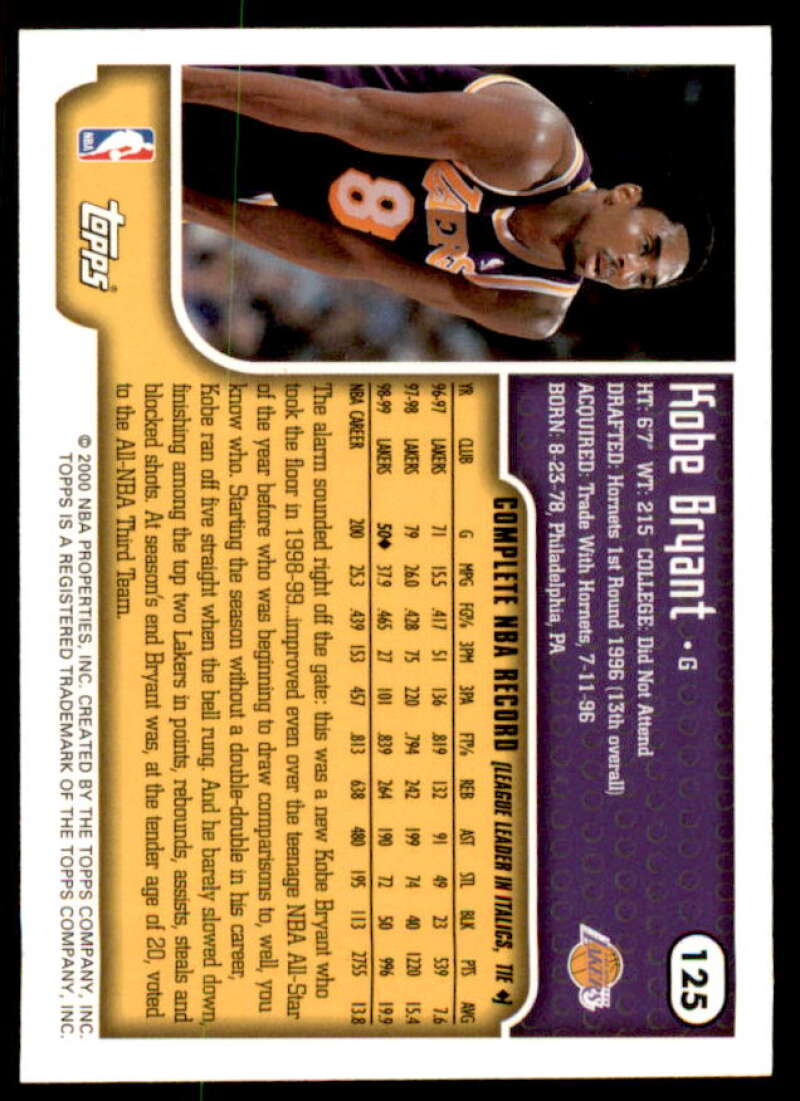 Kobe Bryant Card 1999-00 Topps #125  Image 2