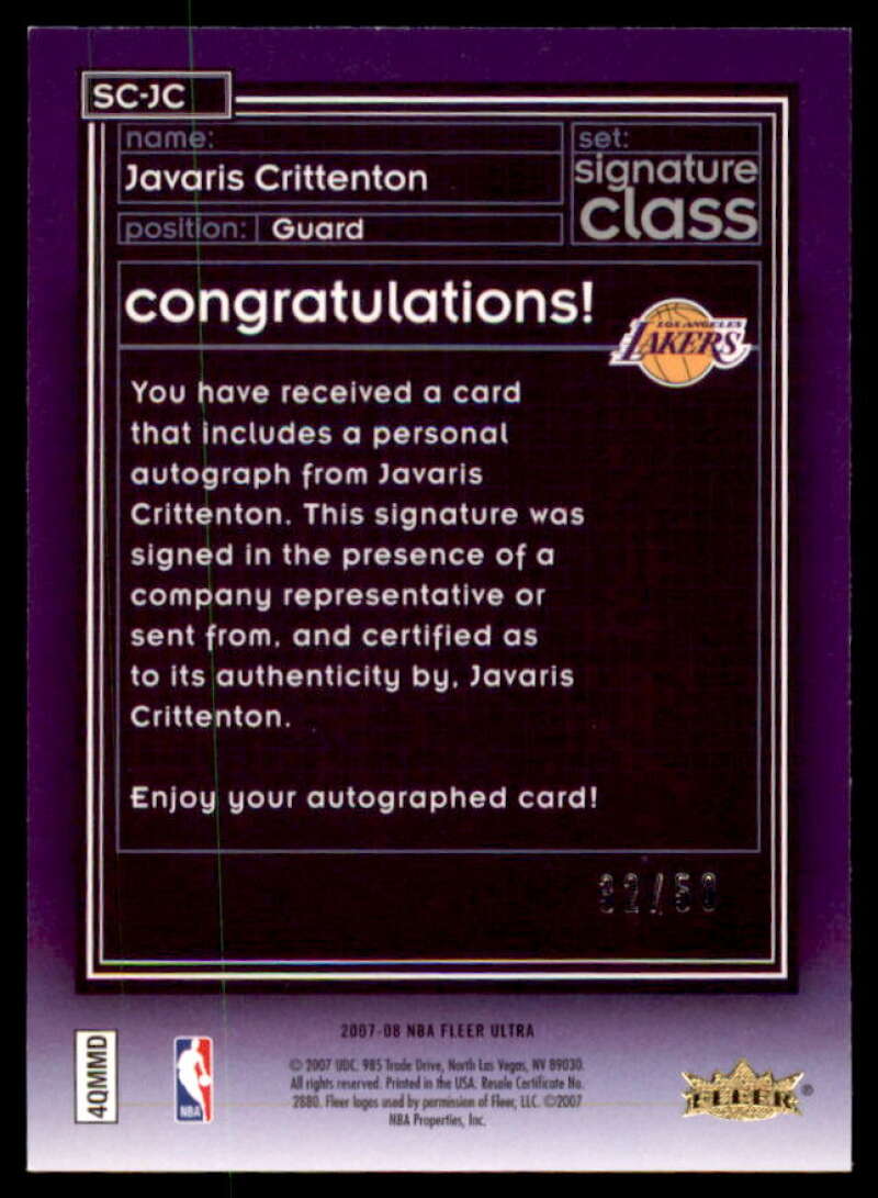 Javaris Crittenton Card 2007-08 Ultra SE Signature Class #SCJC  Image 2