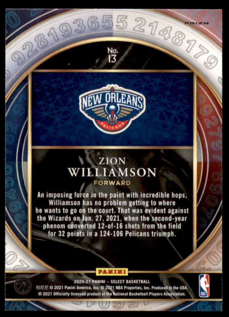 Zion Williamson Card 2020-21 Select Numbers Prizms Blue #13  Image 2