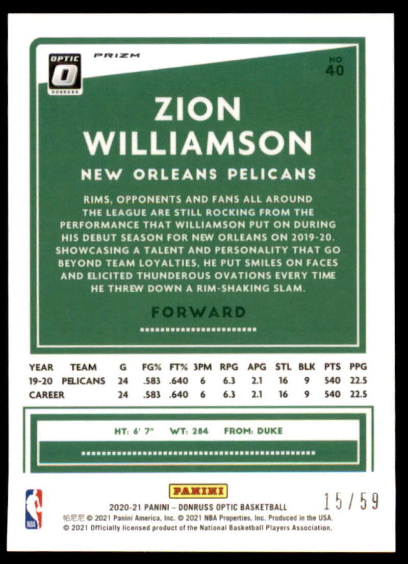 Zion Williamson Card 2020-21 Donruss Optic Blue #40  Image 2