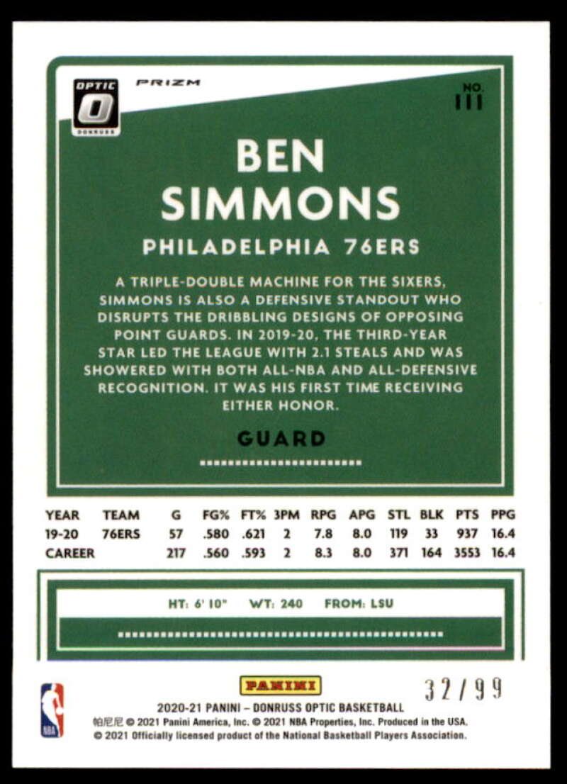 Ben Simmons Card 2020-21 Donruss Optic Red #111  Image 2