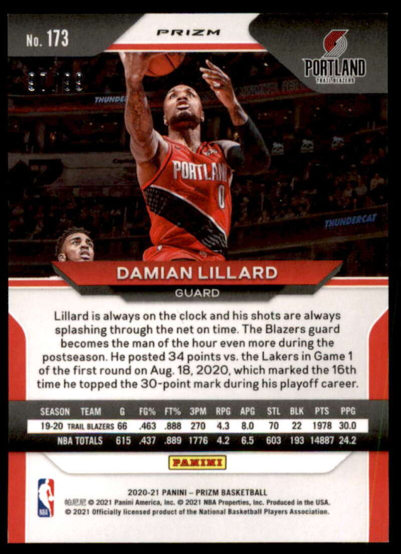 Damian Lillard Card 2020-21 Panini Prizm Prizms Purple #173  Image 2