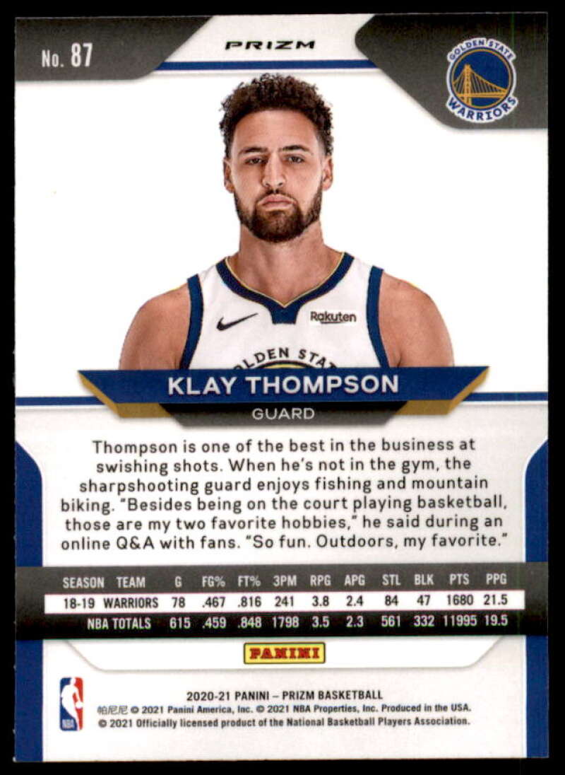 Klay Thompson Card 2020-21 Panini Prizm Prizms Purple Wave #87  Image 2