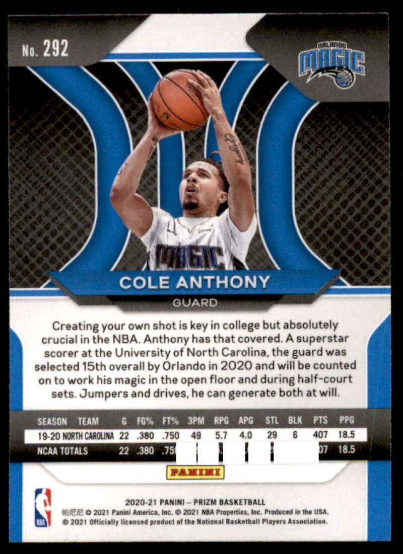 Cole Anthony Rookie Card 2020-21 Panini Prizm #292  Image 2