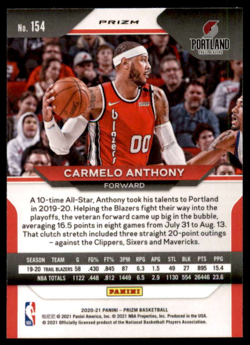 Carmelo Anthony Card 2020-21 Panini Prizm Prizms Ruby Wave #154  Image 2