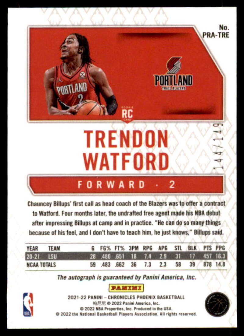 Trendon Watford Rookie 2021-22 Panini Chronicles Phoenix Rookie Autographs #9  Image 2