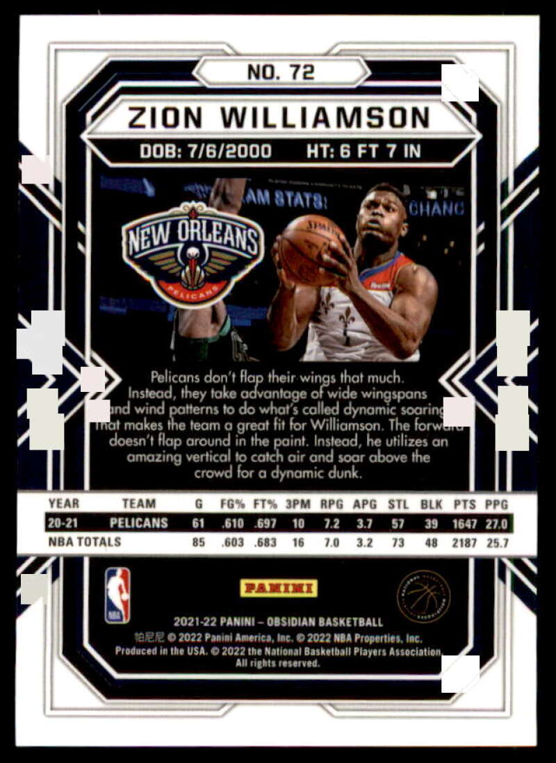 Zion Williamson Card 2021-22 Panini Obsidian Electric Etch Asia #72  Image 2