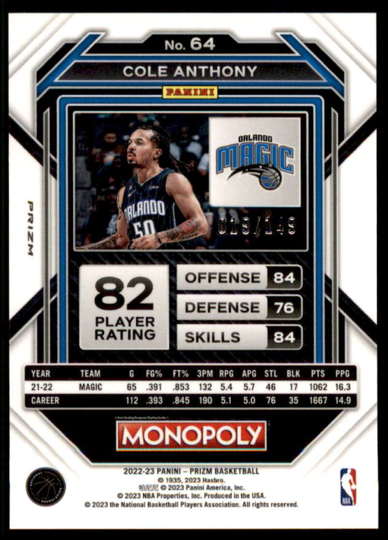 Cole Anthony Card 2022-23 Panini Prizm Monopoly Pink #64  Image 2