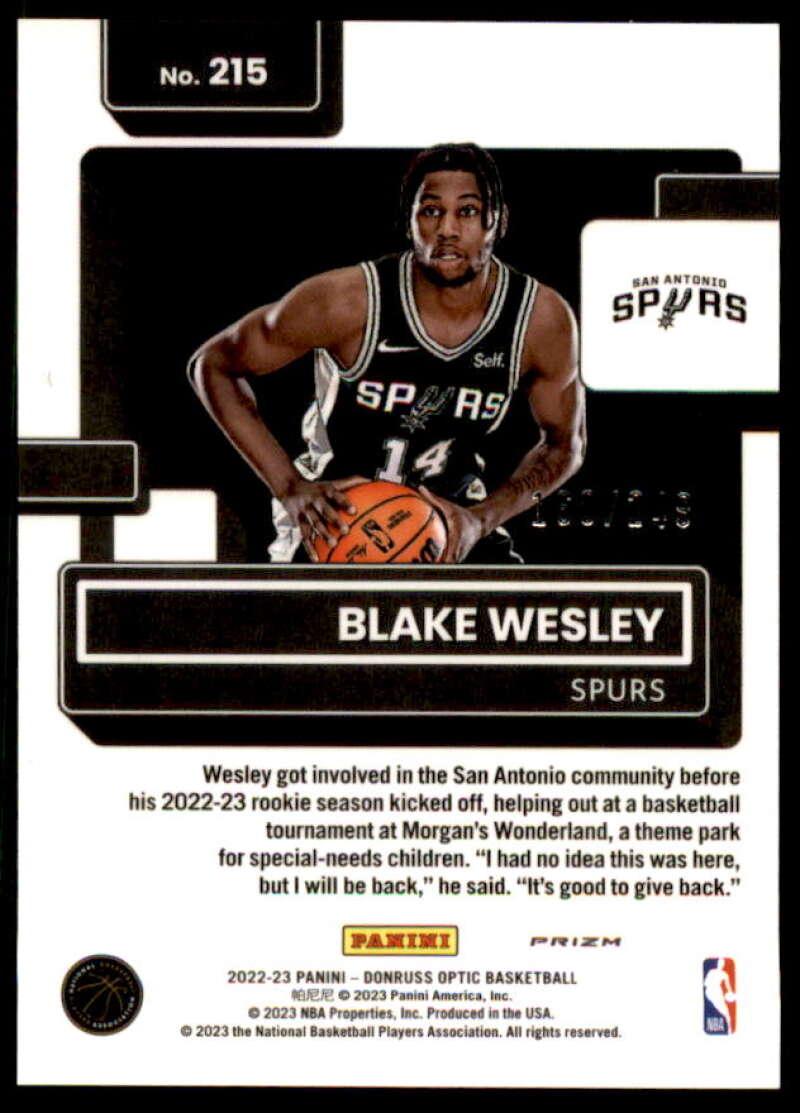 Blake Wesley RR Rookie Card 2022-23 Donruss Optic Premium Box Set #215  Image 2