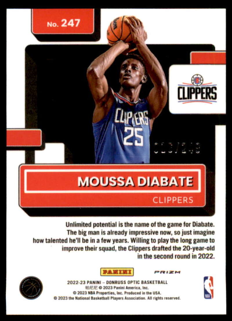 Moussa Diabate RR Rookie Card 2022-23 Donruss Optic Premium Box Set #247  Image 2
