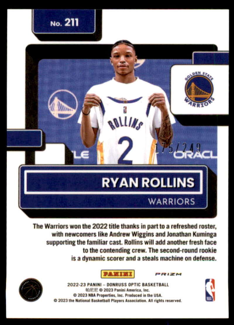 Ryan Rollins RR Rookie Card 2022-23 Donruss Optic Premium Box Set #211  Image 2