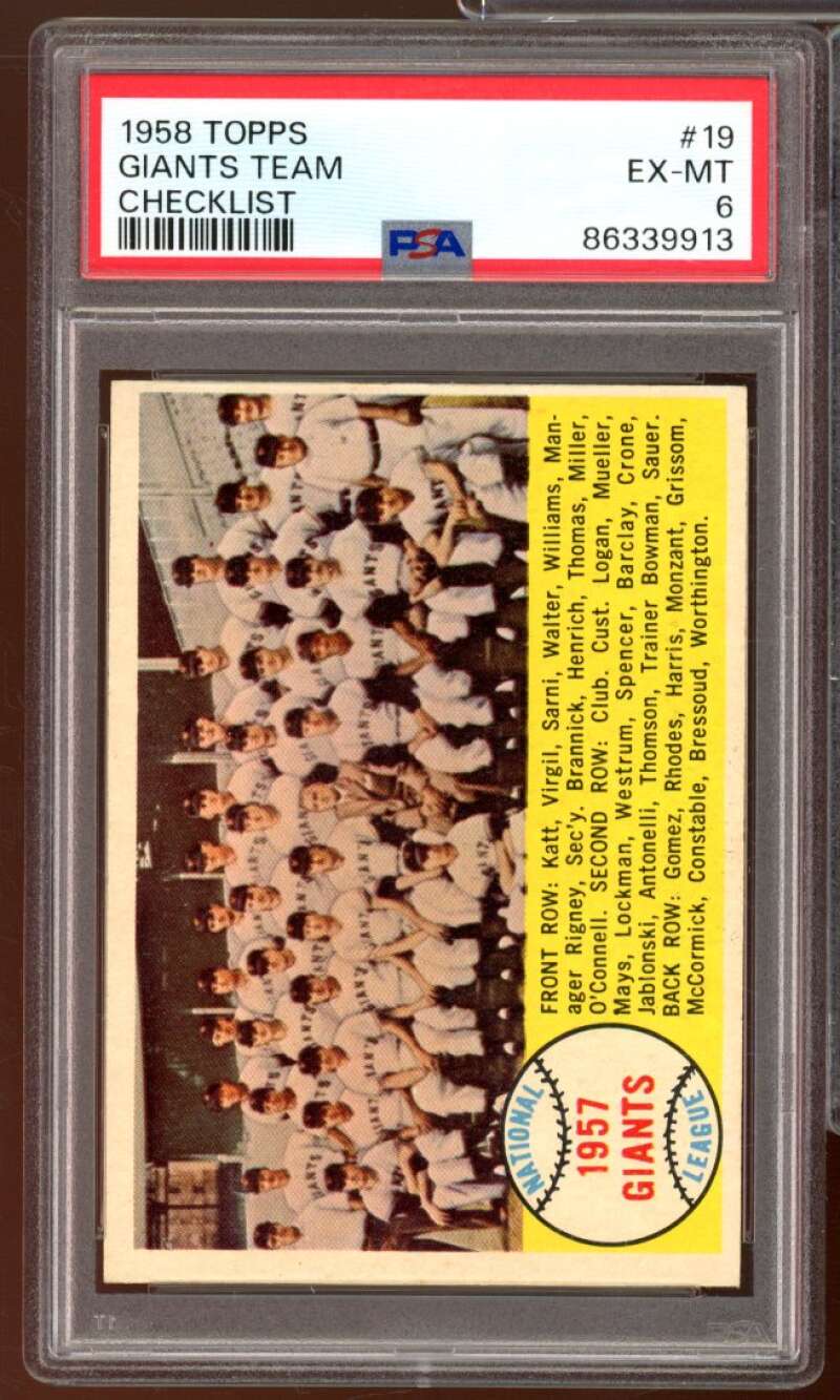 San Francisco Giants Team Card 1958 Topps #19 PSA 6 Image 1