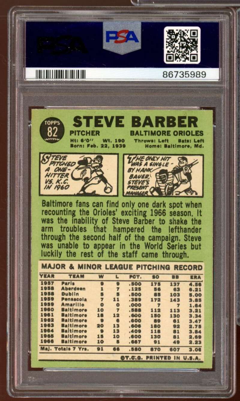 Steve Barber Card 1967 Topps #82 PSA 8 Image 2