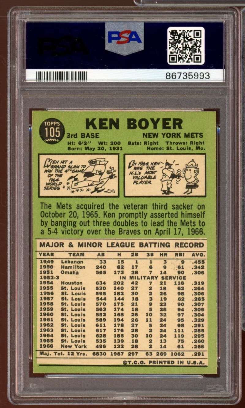 Ken Boyer Card 1967 Topps #105 PSA 8 Image 2