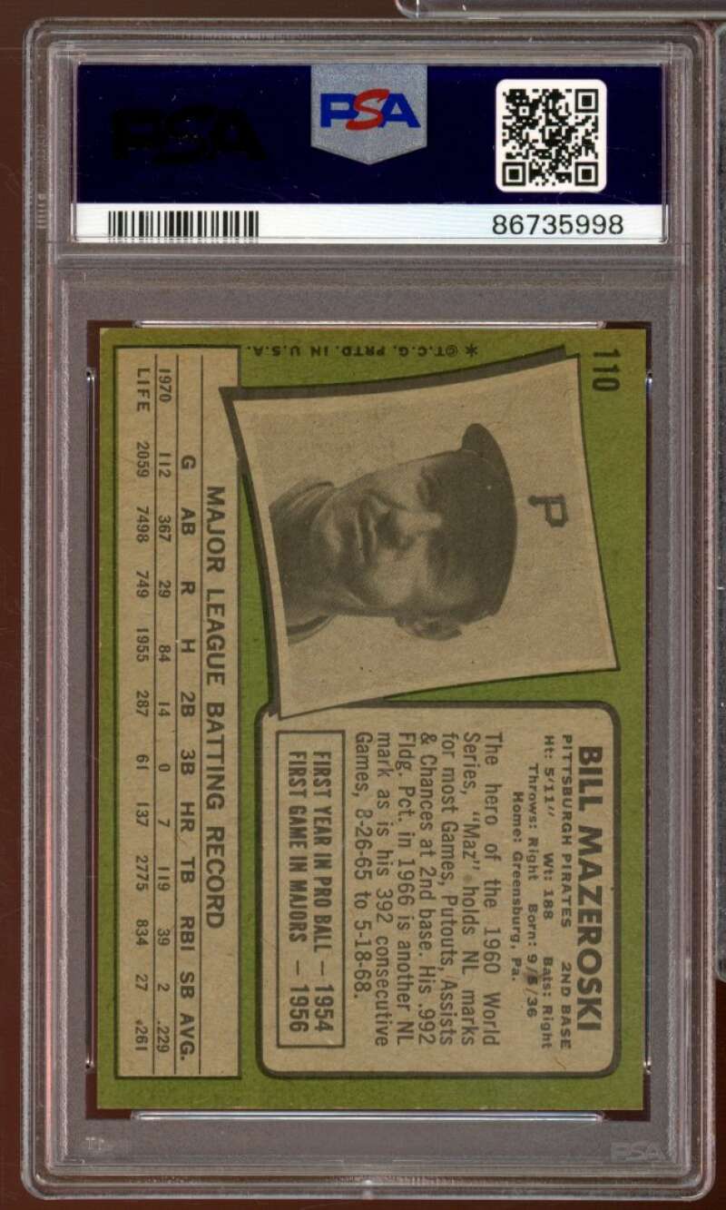 Bill Mazeroski Card 1971 Topps #110 PSA 8 Image 2