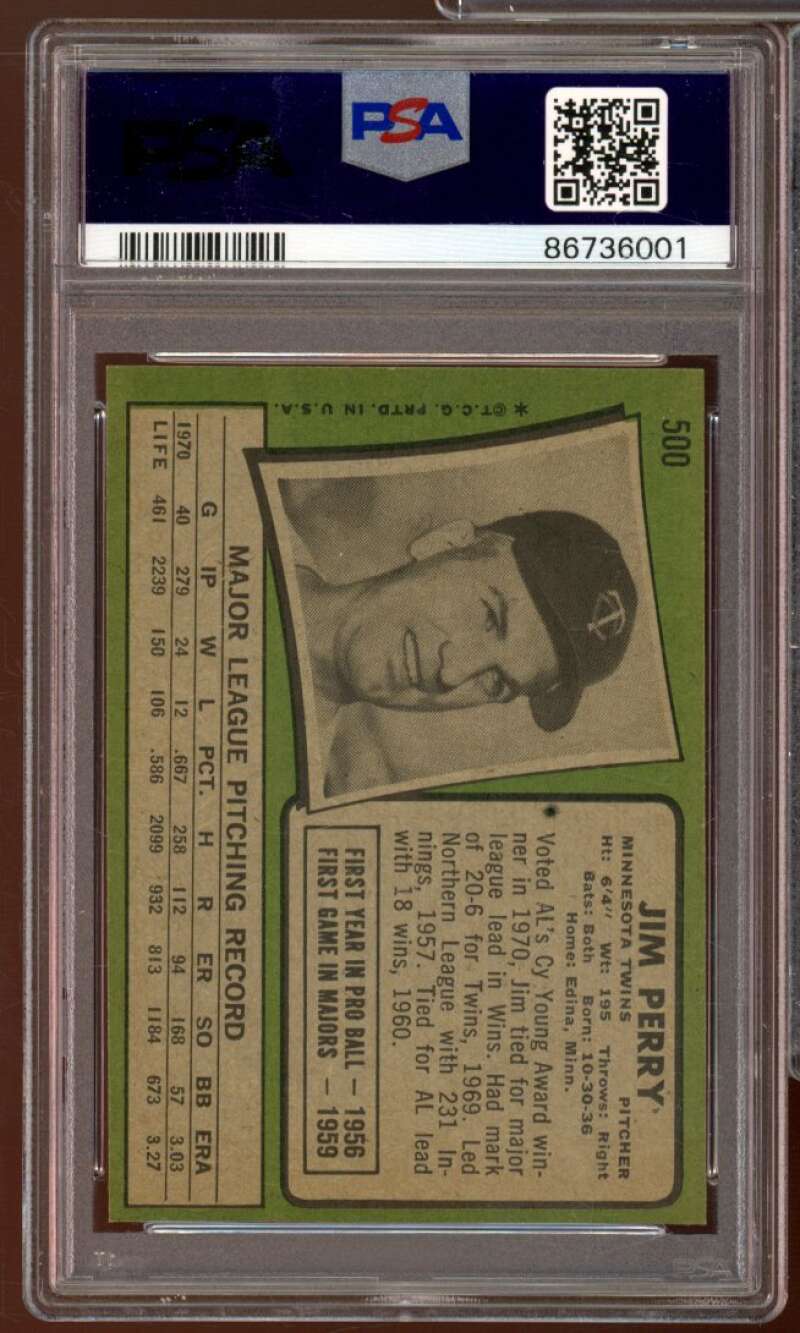 Jim Perry Card 1971 Topps #500 PSA 6 Image 2