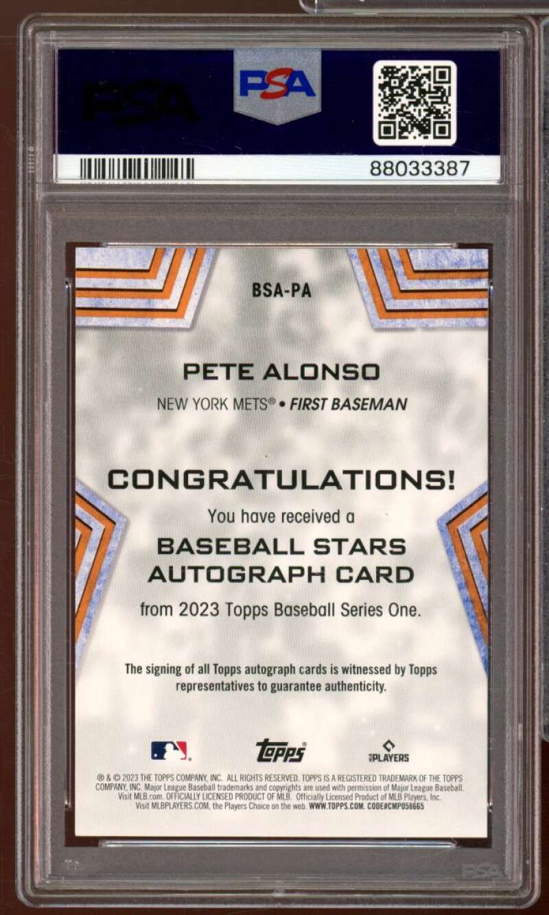 Pete Alonso Card 2023 Topps Baseball Stars Autographs (pop 2) #BSAPA PSA 10 Image 2