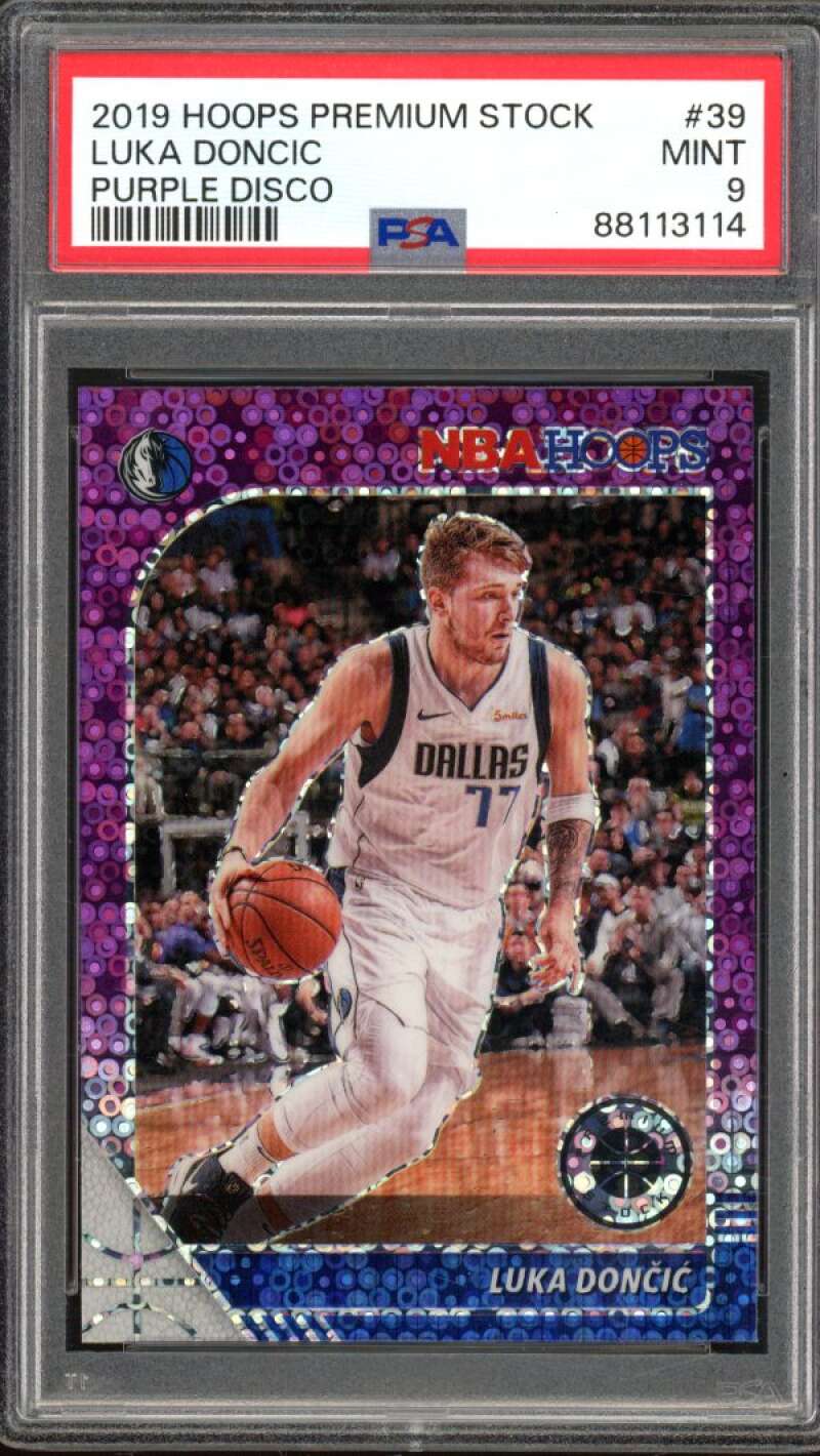 Luka Doncic Card 2019-20 Hoops Premium Stock Purple Disco #39 PSA 9 Image 1