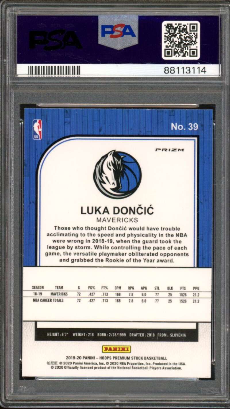 Luka Doncic Card 2019-20 Hoops Premium Stock Purple Disco #39 PSA 9 Image 2