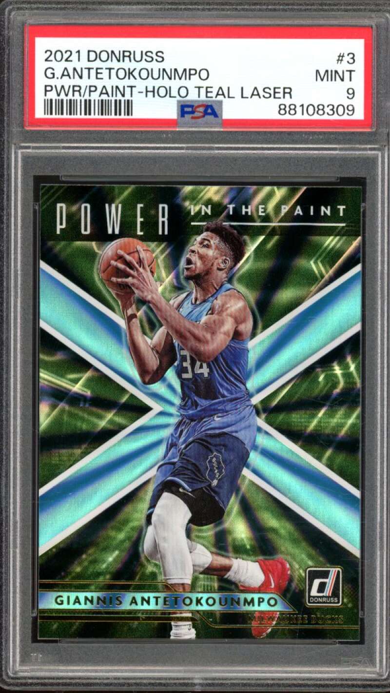 Giannis Antetokounmpo 2021-22 Donruss Power in Paint Holo Teal Laser #3 PSA 9 Image 1