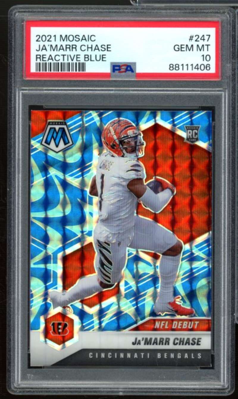 Ja'Marr Chase Rookie Card 2021 Mosaic Reactive Blue #247 PSA 10 Image 1