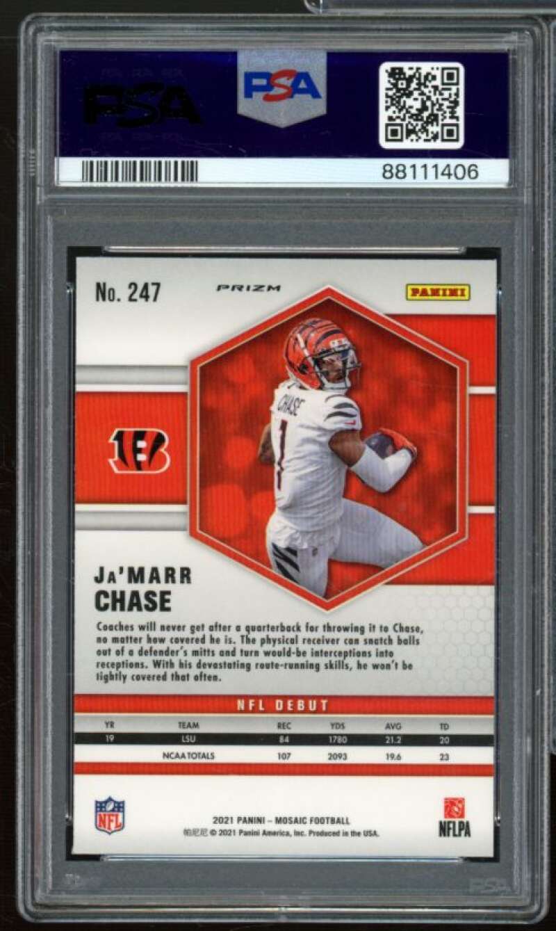 Ja'Marr Chase Rookie Card 2021 Mosaic Reactive Blue #247 PSA 10 Image 2