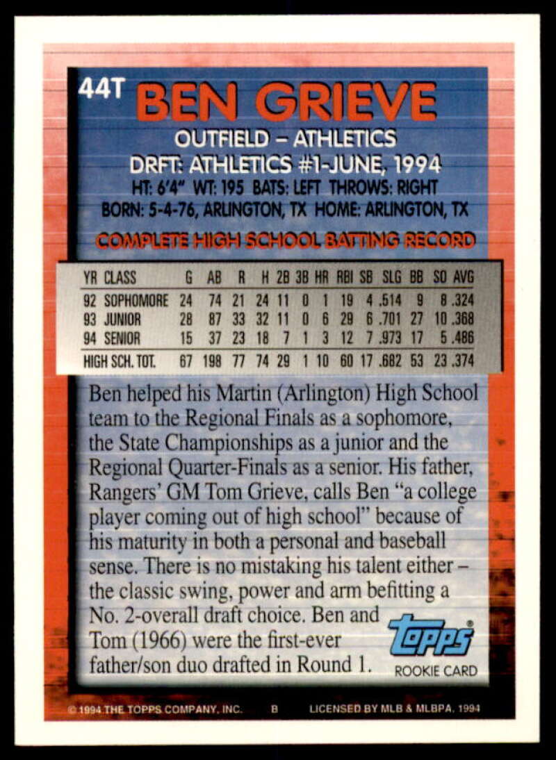 Ben Grieve Rookie Card 1994 Topps Traded #44T  Image 2