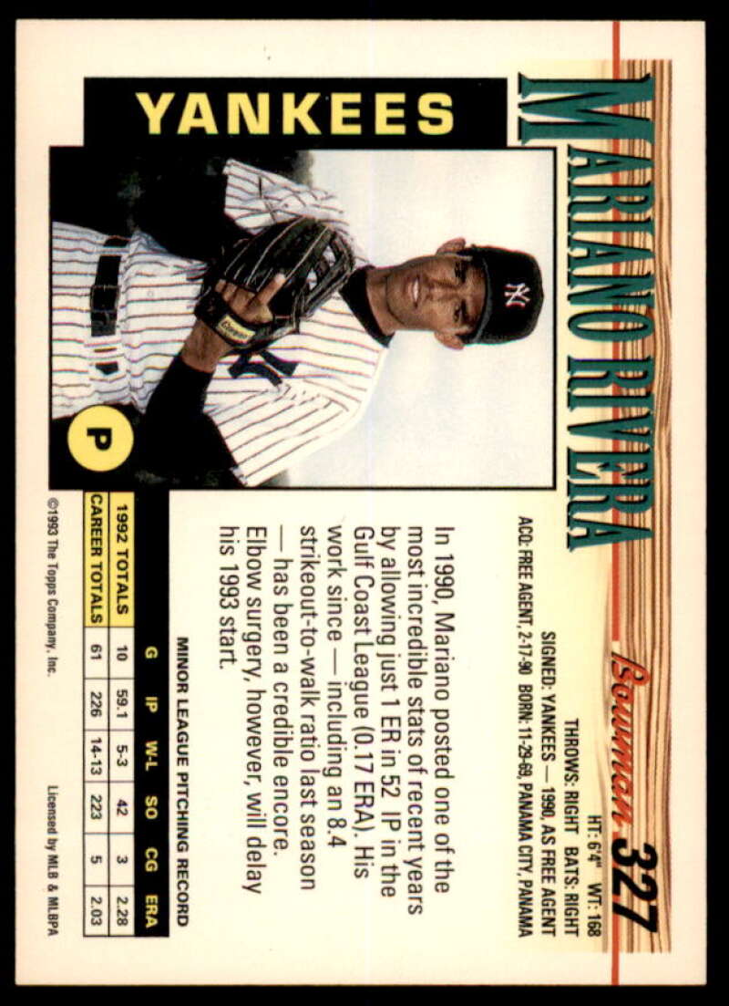 Mariano Rivera Card 1993 Bowman #327  Image 2