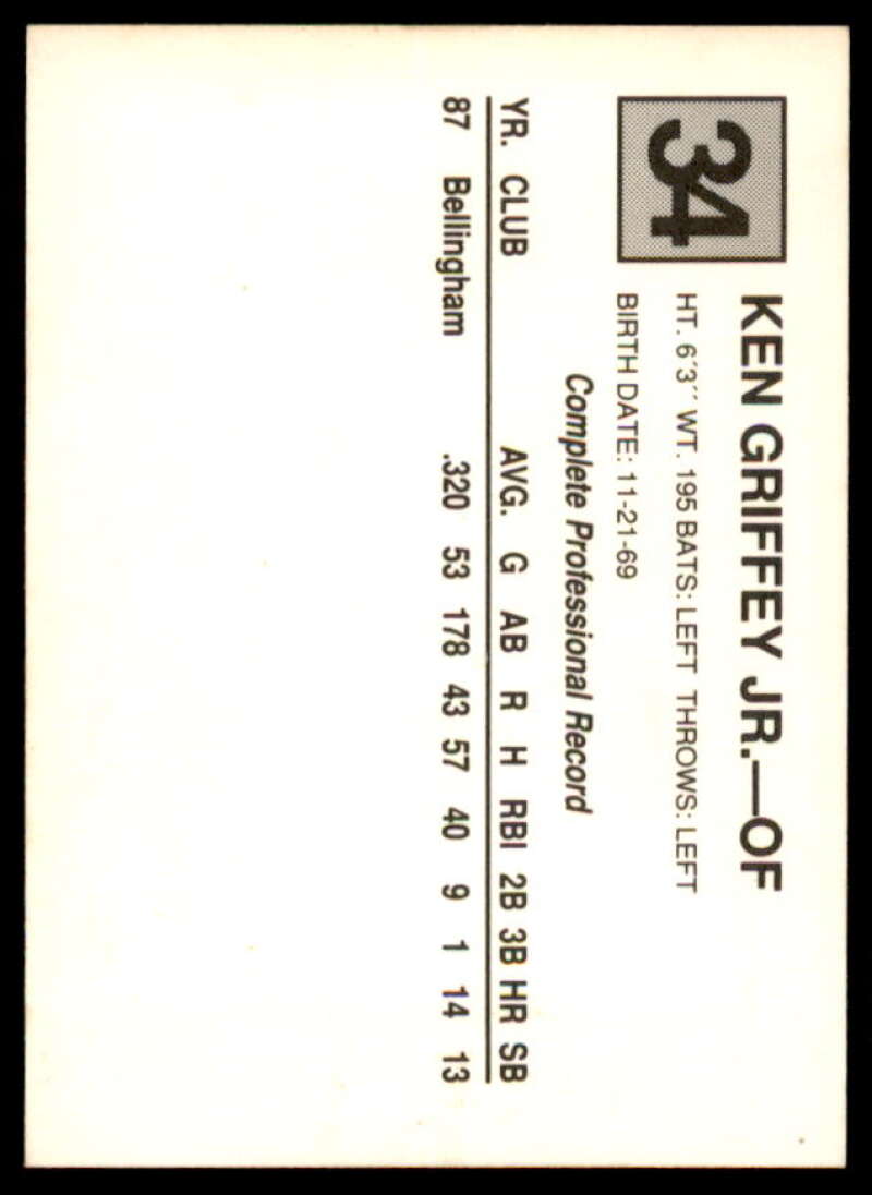 Ken Griffey Jr. Rookie Card 1988 San Bernardino Spirit Cal League Cards #34  Image 2