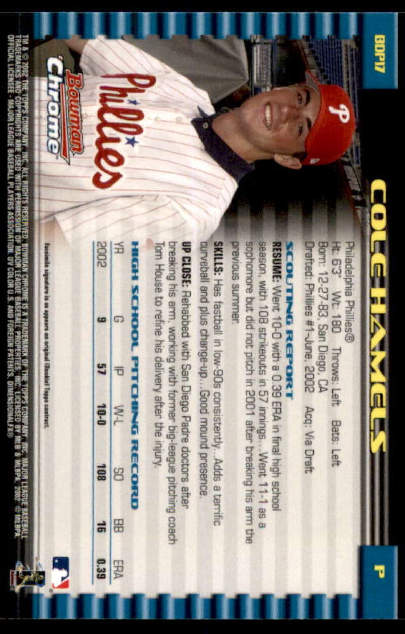 Cole Hamels Rookie Card 2002 Bowman Chrome Draft #17  Image 2