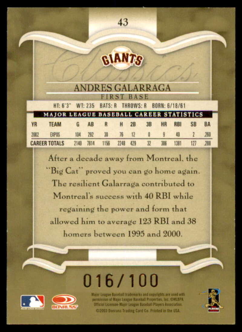 Andres Galarraga Card 2003 Donruss Classics Timeless Tributes #43  Image 2