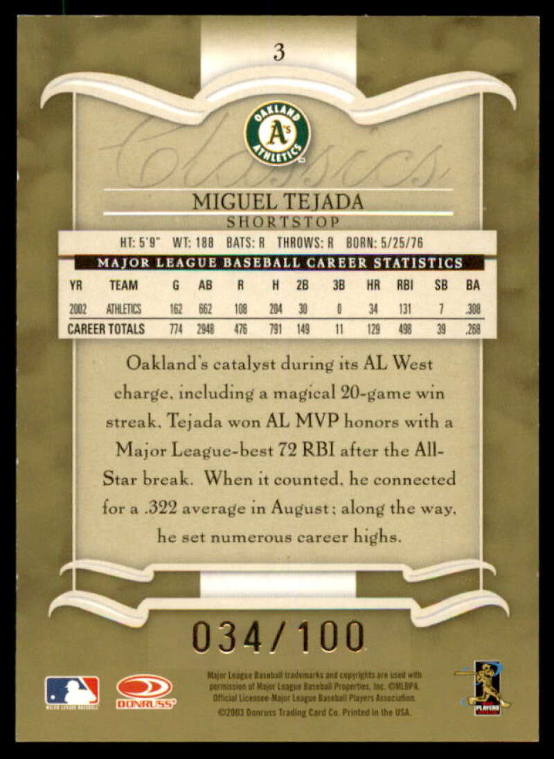 Miguel Tejada Card 2003 Donruss Classics Timeless Tributes #3  Image 2