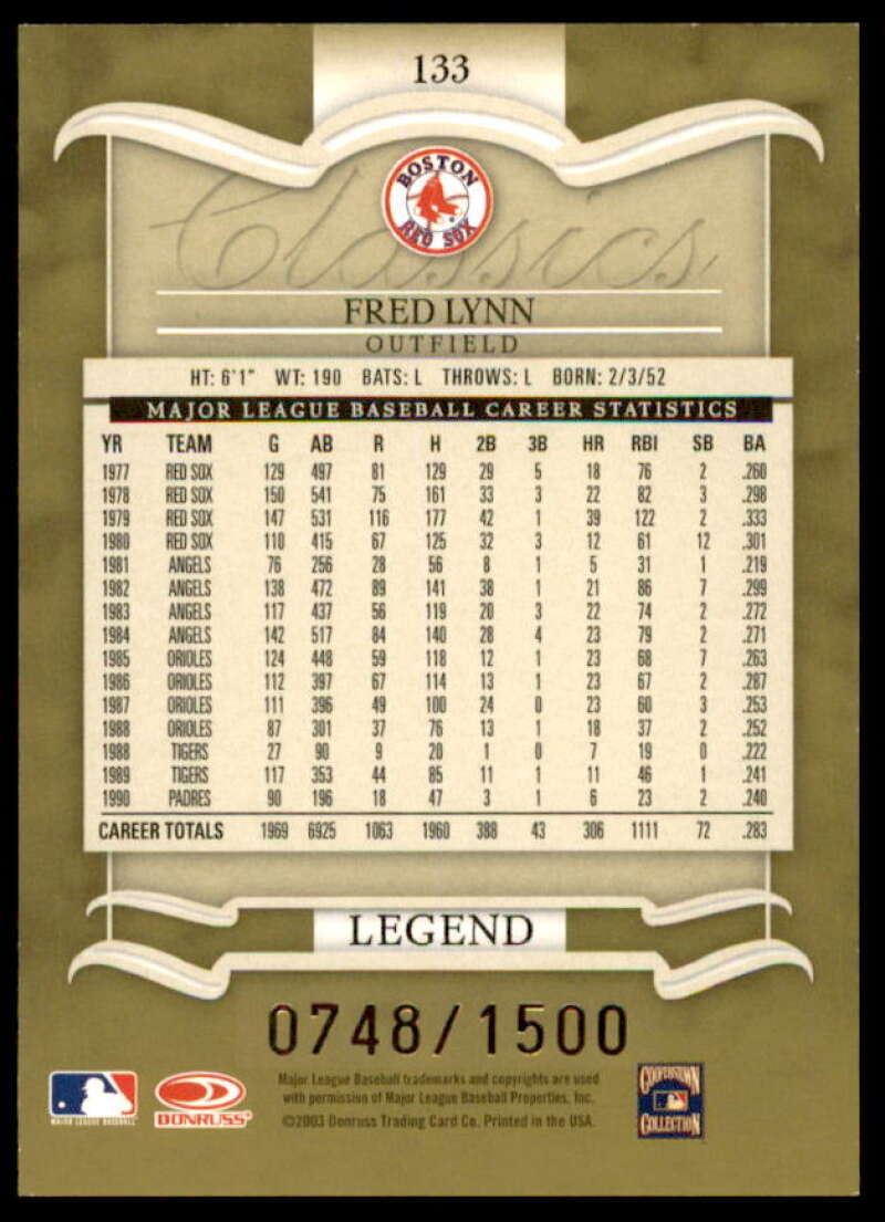 Fred Lynn LGD Card 2003 Donruss Classics #133  Image 2