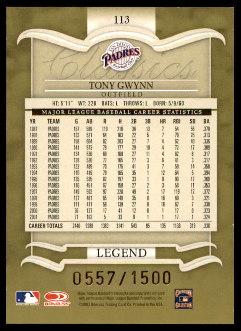 Tony Gwynn LGD Card 2003 Donruss Classics #113  Image 2