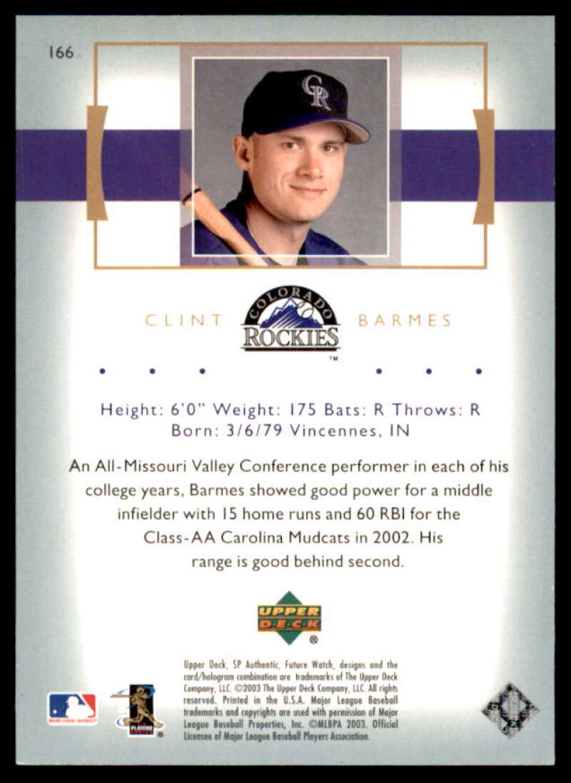 Clint Barmes FW Rookie Card 2003 SP Authentic #166  Image 2