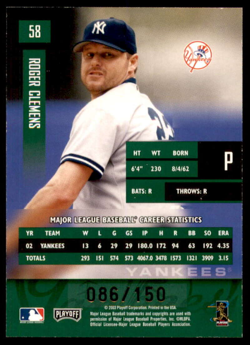 Roger Clemens Card 2003 Playoff Prestige Xtra Points Green #58  Image 2