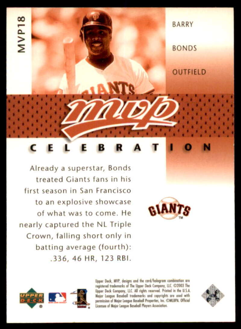 Barry Bonds MVP Card 2003 Upper Deck MVP Celebration #18  Image 2