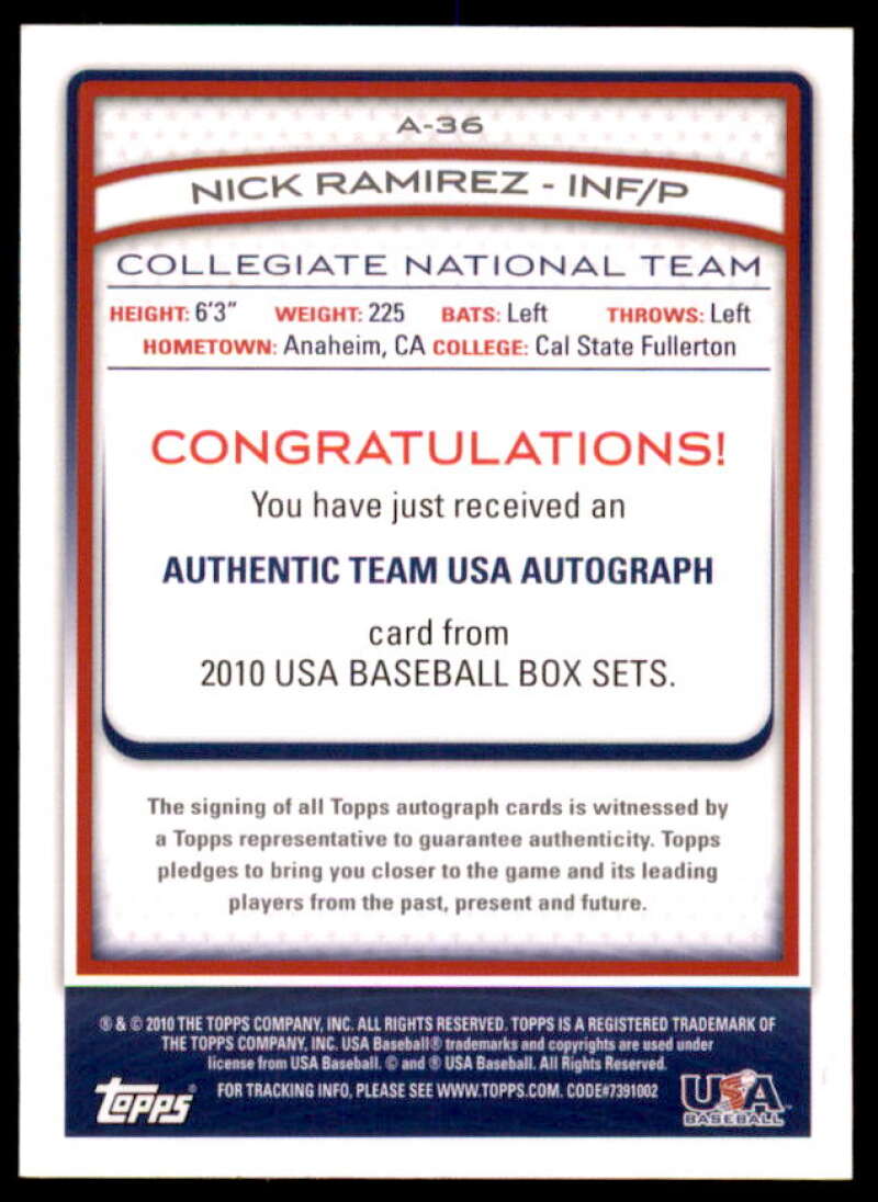Nick Ramirez Rookie Card 2010 USA Baseball Autographs Red #A36  Image 2