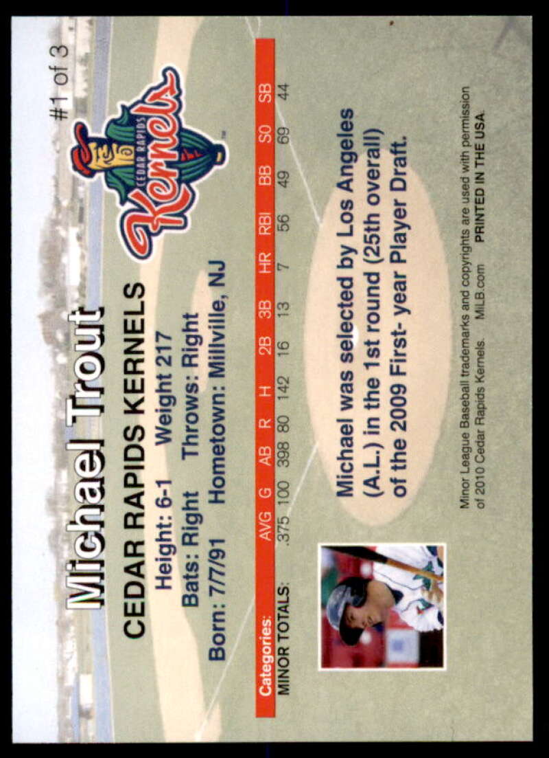 Mike Trout ookie Card 2010 Cedar Rapids Kernels Rising Alumni Team Issue #1  Image 2