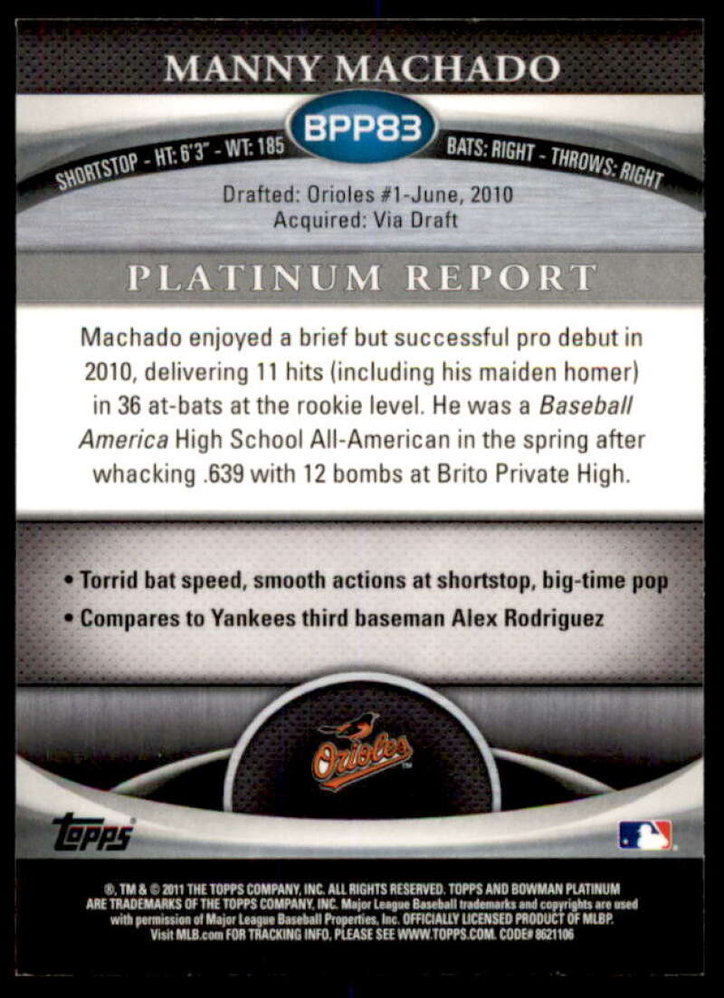 Manny Machado Card 2011 Bowman Platinum Prospects #BPP83  Image 2