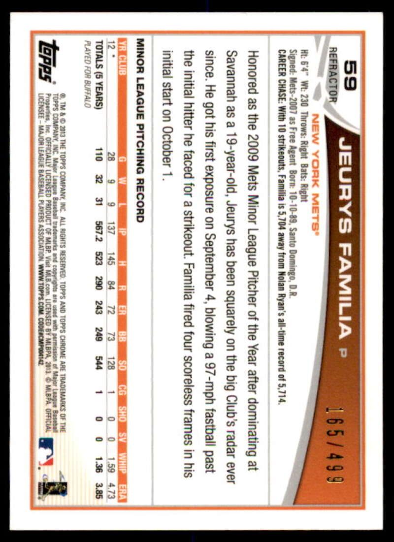 Jeurys Familia Rookie Card 2013 Topps Chrome Rookie Autographs Refractors #59  Image 2