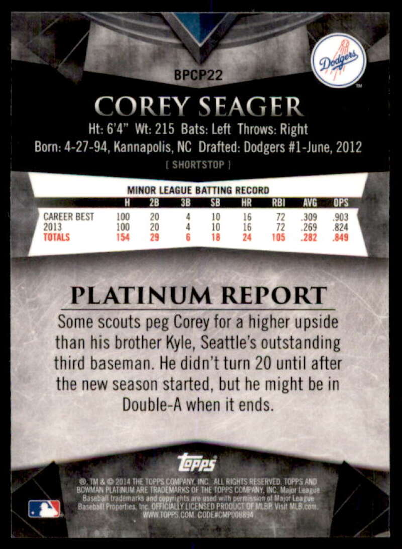 Corey Seager 2014 Bowman Platinum Chrome Prospects Purple Refractors #BPCP22  Image 2