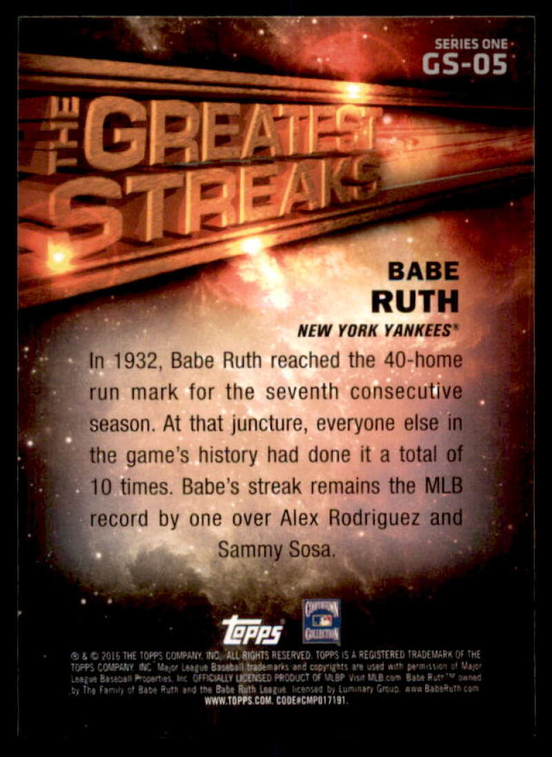 Babe Ruth Card 2016 Topps The Greatest Streaks #GS05  Image 2