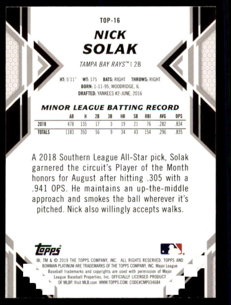 Nick Solak Rooke Card 2019 Bowman Platinum Top Prospects #TOP16  Image 2