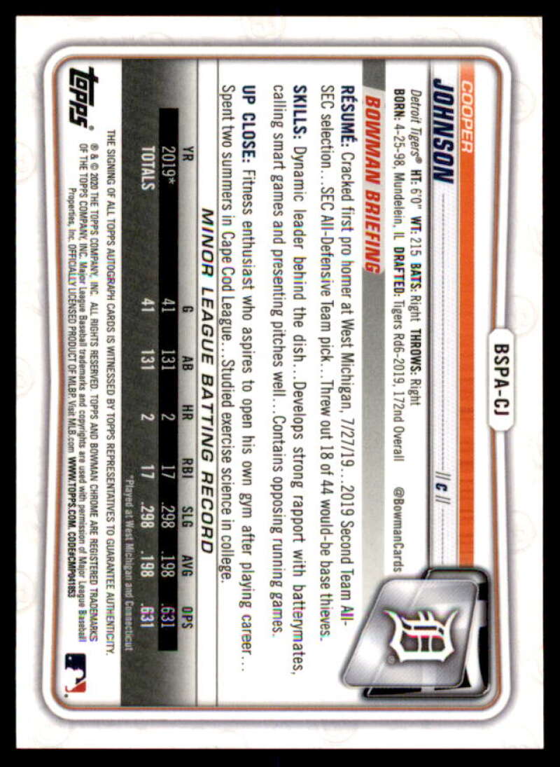 Cooper Johnson Card 2020 Bowman Chrome Sapphire Prospect Autographs #BSPACJ  Image 2