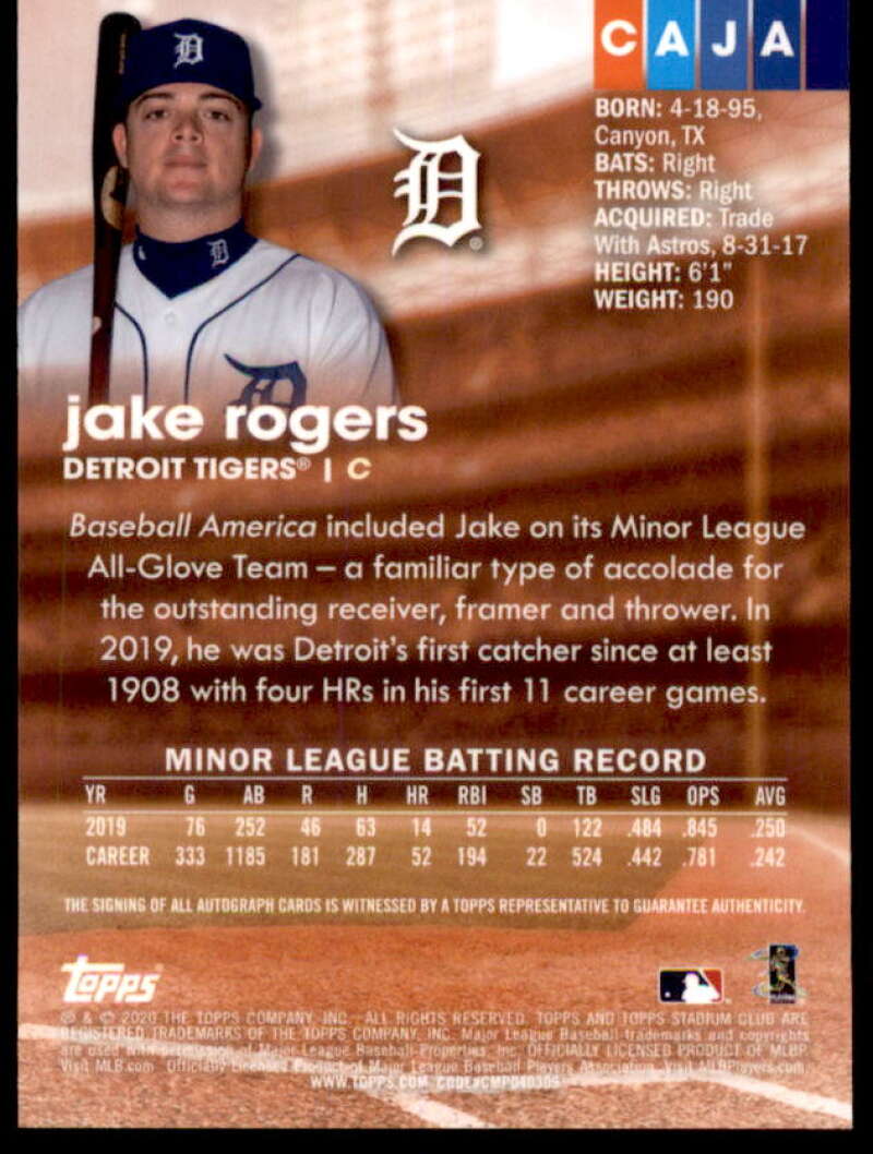 Jake Rogers Rookie Card 2020 Stadium Club Chrome Autographs #CAJA  Image 2