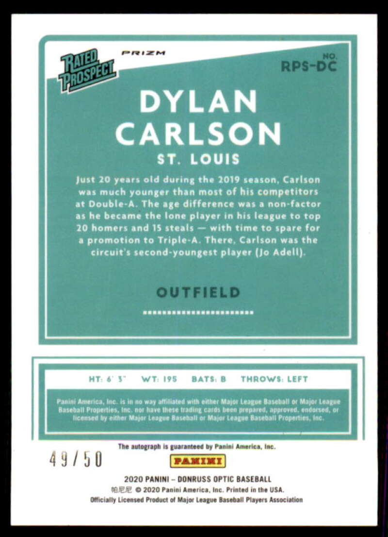 Dylan Carlson Card 2020 Donruss Optic Rated Prospects Signatures Red #9  Image 2