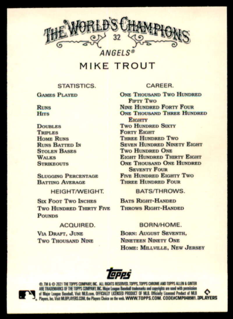 Mike Trout Card 2021 Topps Allen and Ginter Chrome #32  Image 2