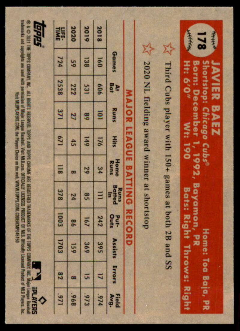 Javier Baez 2021 Topps Chrome Platinum Anniversary Blue Prism Refractors #178  Image 2